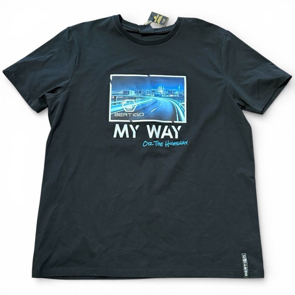 NWT Bertigo Graphic My Way Out The Highway T-shirt Black Blue Size XXL